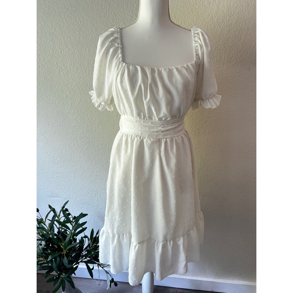 White Swiss Dot Cottagecore Dress Square Neck Tie Back Puff Sleeve Ruffle Hem
